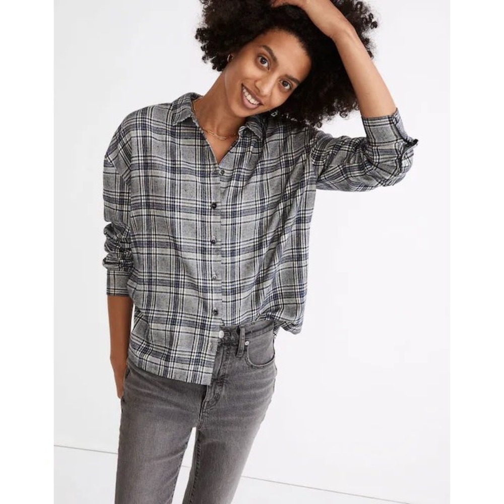 Madewell Plaid Flannel Button Down Shirt Womens XS Blue White Classic Grunge